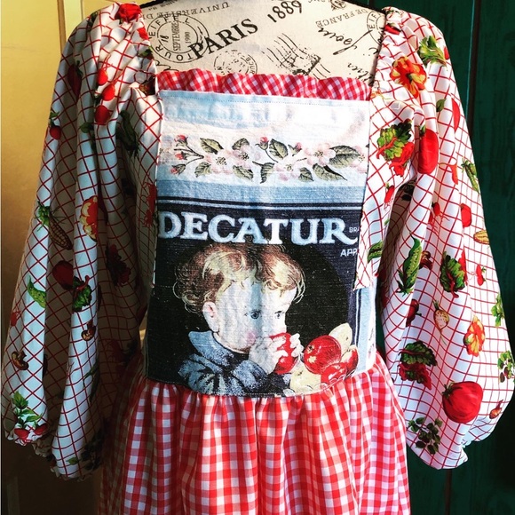 Handmade vintage tea towel dress puff sleeve midi cotton shabby art to wear boho - Picture 3 of 5